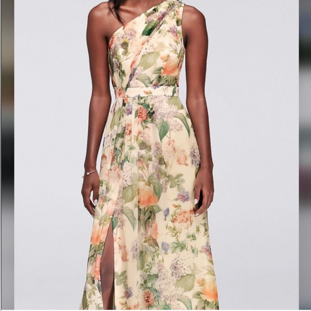 David's Bridal Size 4 Green Floral Long Dress 1-Shoulder-Chiffon Grecian